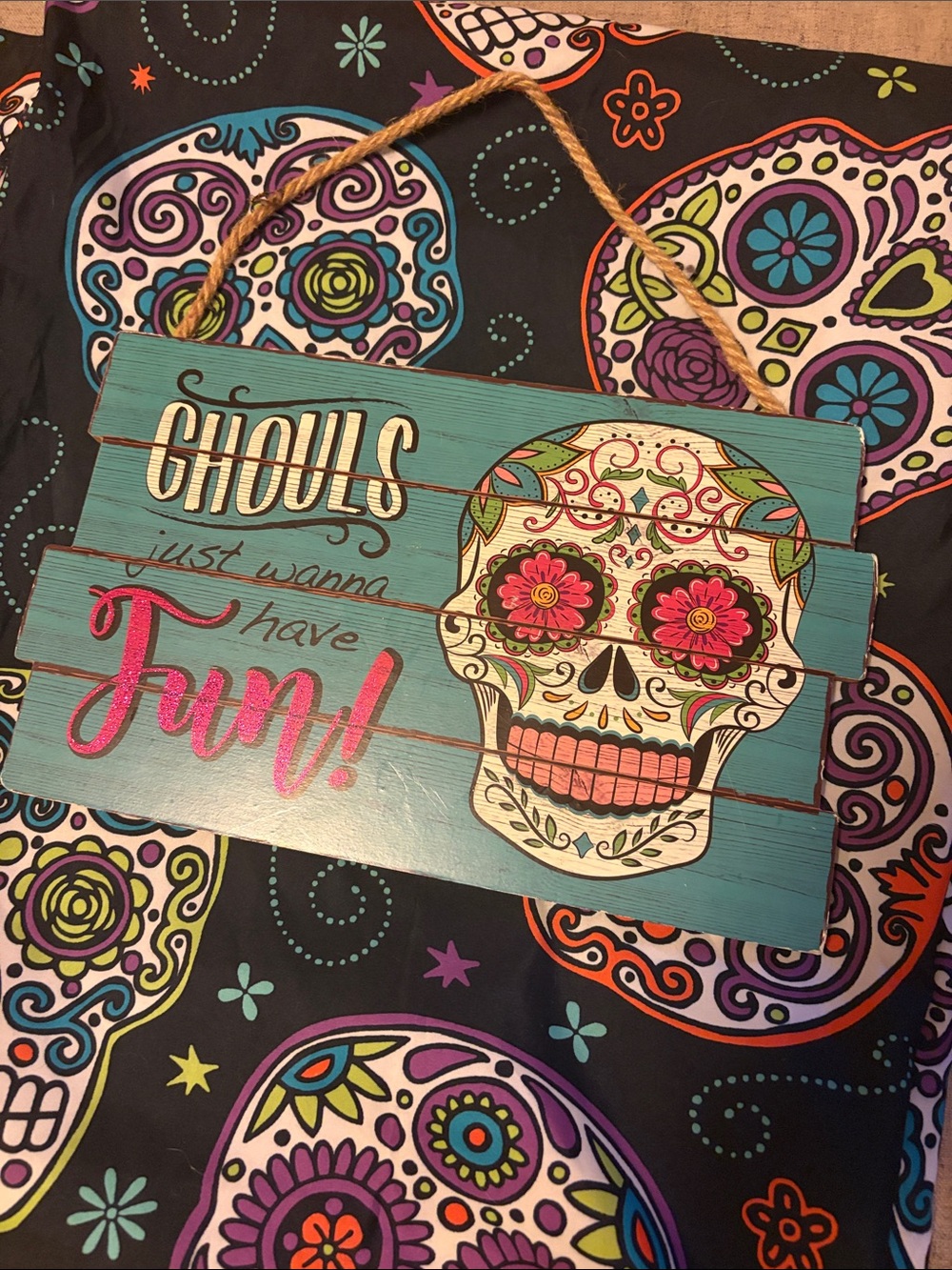 Ghouls Just Wanna Have Fun!  Sugar Skull Wall Sign and matching shower curtain.